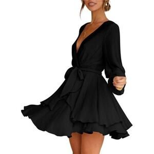 Women's Black Dress Deep V-Neck Long Sleeve Waist Tie Ruffle Mini Swing